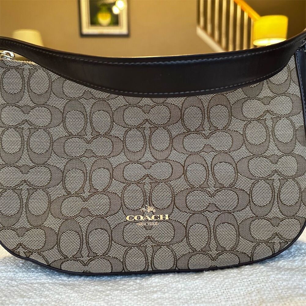 Coach Carmen Mini Crossbody Bag Brown Tan Signature Jacquard